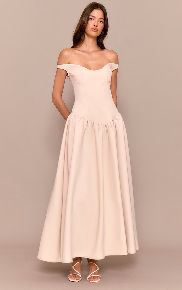 Cream Woven Dipped Bardot Ruched Midaxi Dress