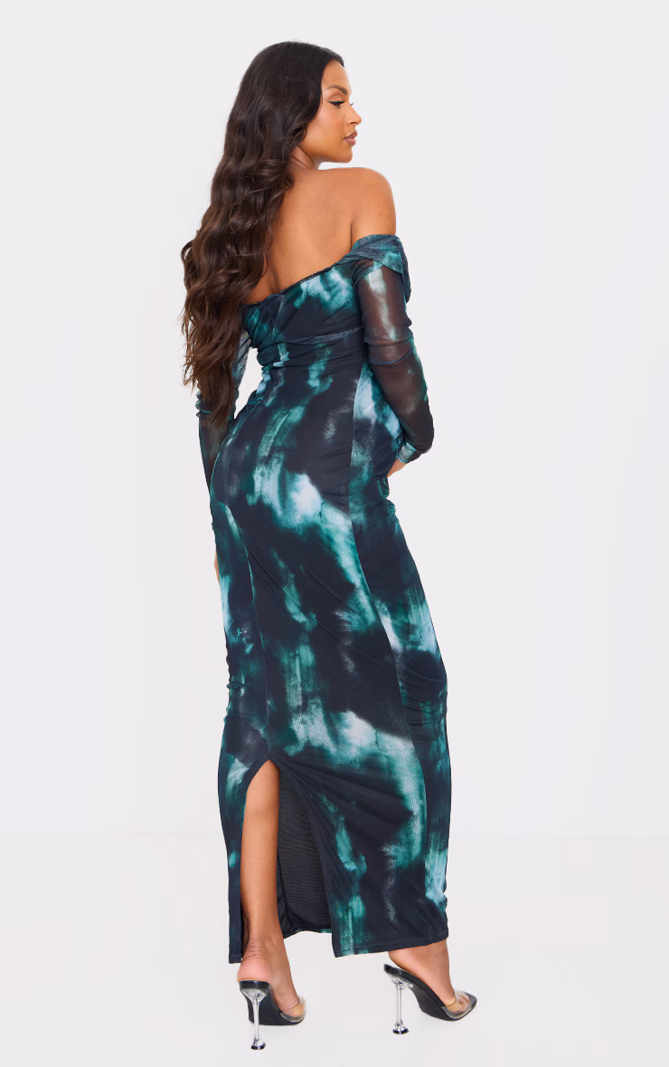 Maternity Black Printed Mesh Bardot Long Sleeve Maxi Dress
