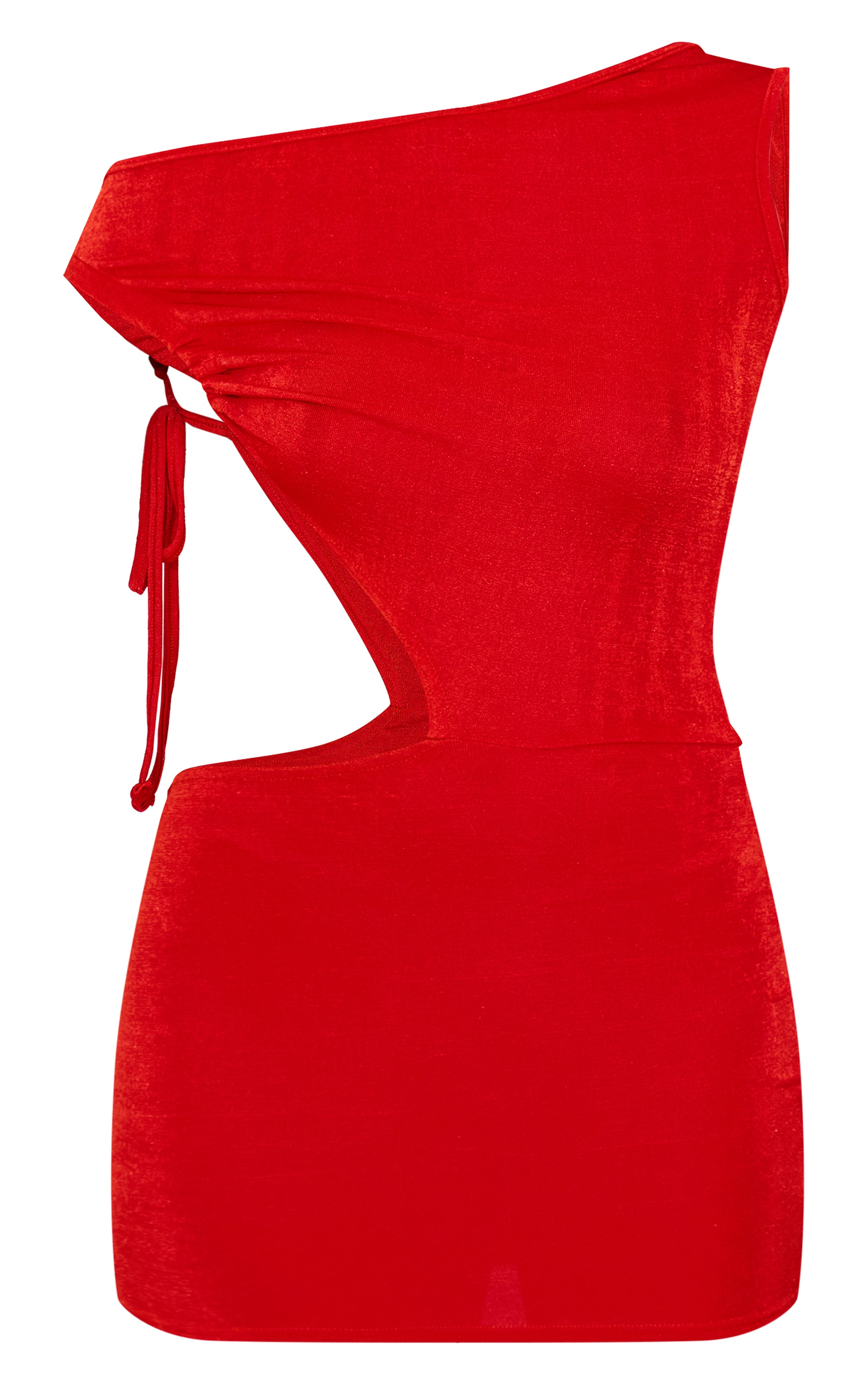Tomato Red Acetate Slinky One Shoulder Ruched Cut Out Bodycon Dress