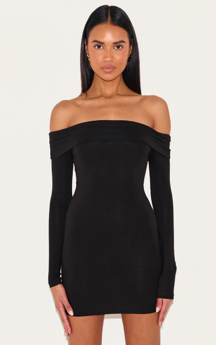 Black Cotton Bardot Fold Over Mini Dress