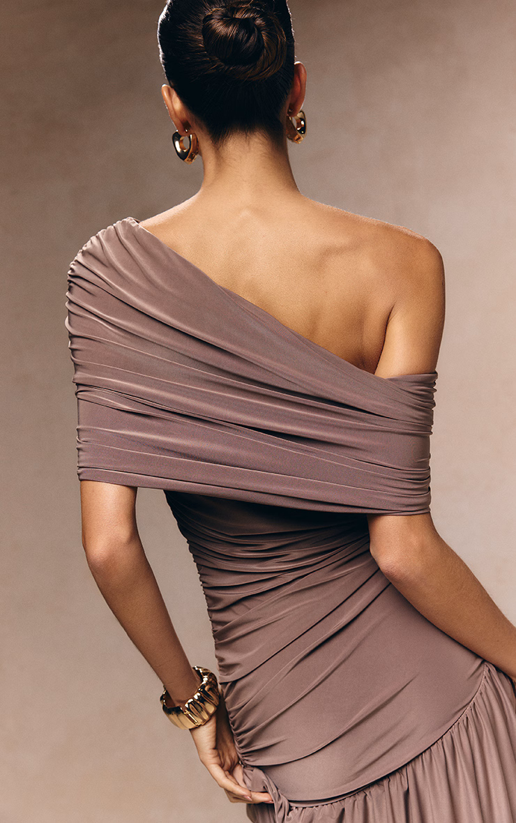 Taupe Double Layer Slinky Bardot One Shoulder Ruched Maxi Dress