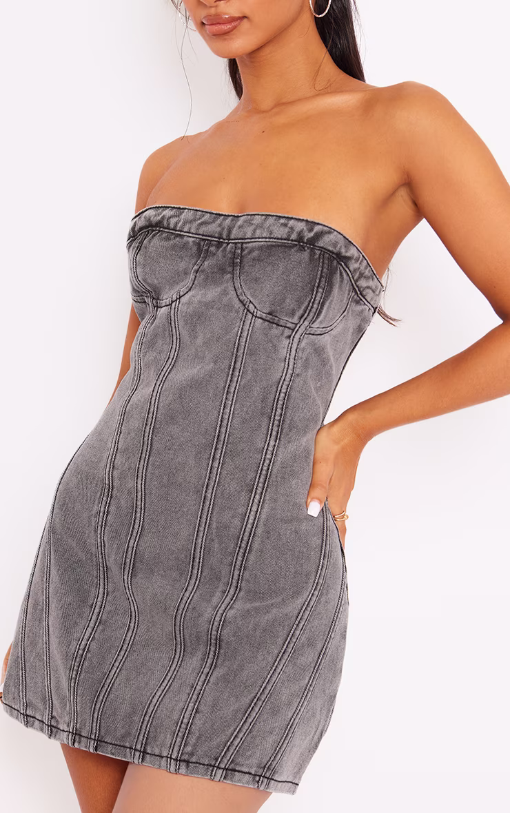 Petite Washed Grey Seam Front Denim Mini Dress