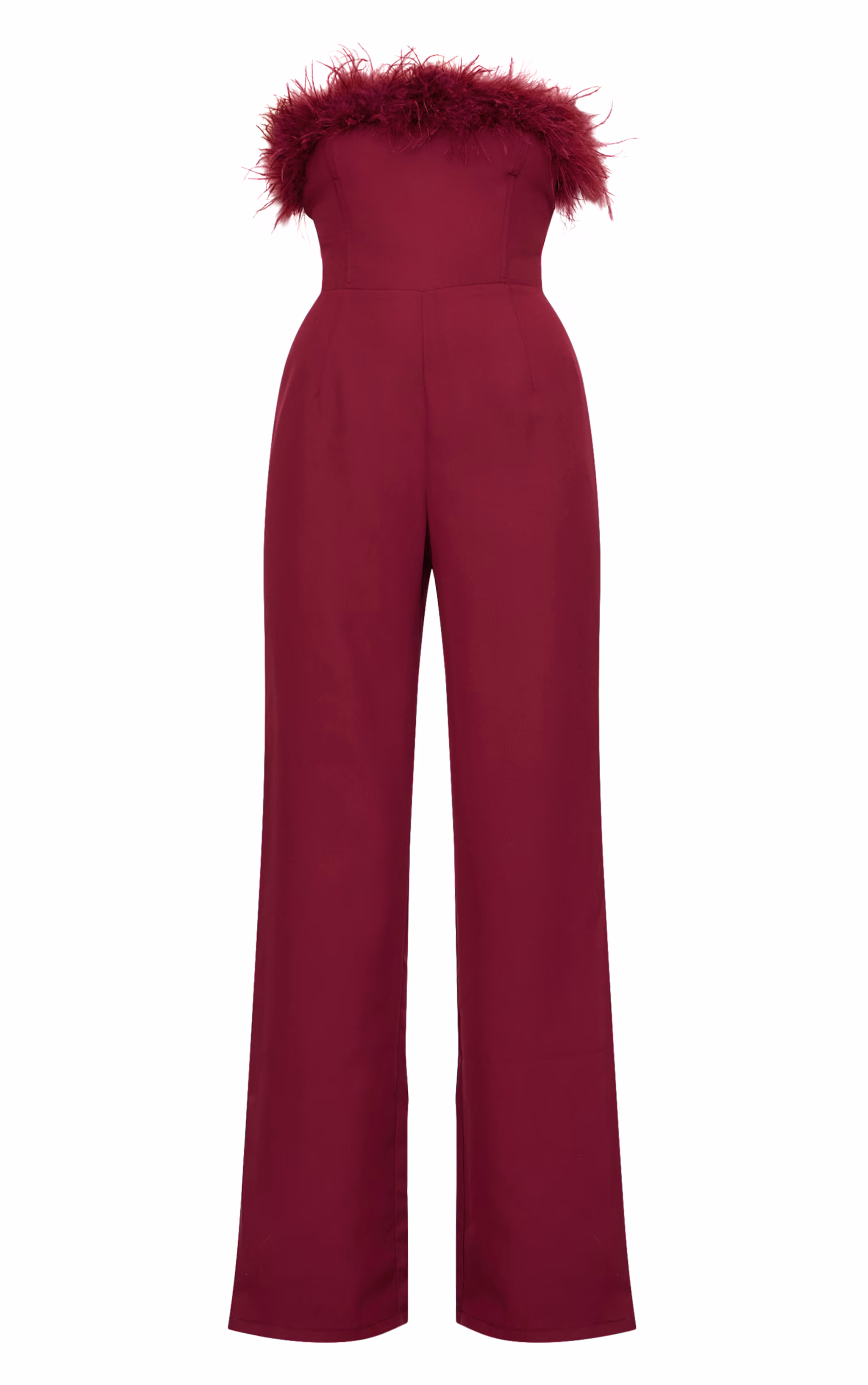 Burgundy Faux Fur Bandeau Straight Leg Jumpsuit