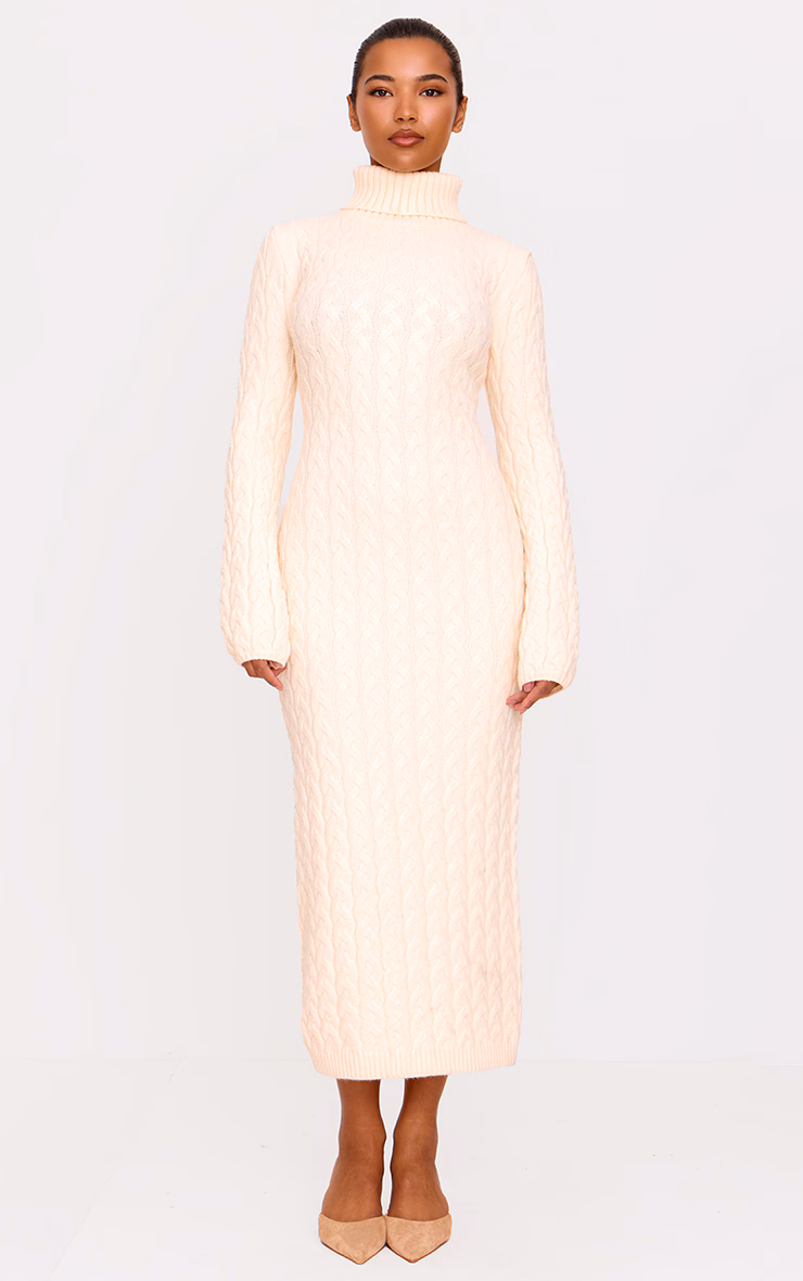 Oatmeal Chunky Cable Knit Roll Neck Maxi Sweater Dress
