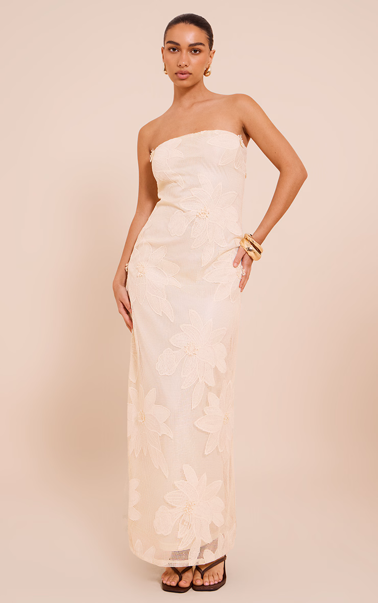 Natural Floral Embroidered Textured Bandeau Maxi Dress