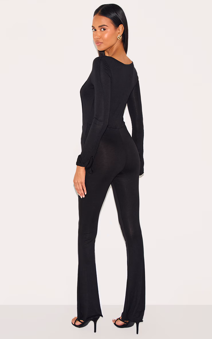 Black Jersey Seam Detail Split Sleeve Jumpsuit