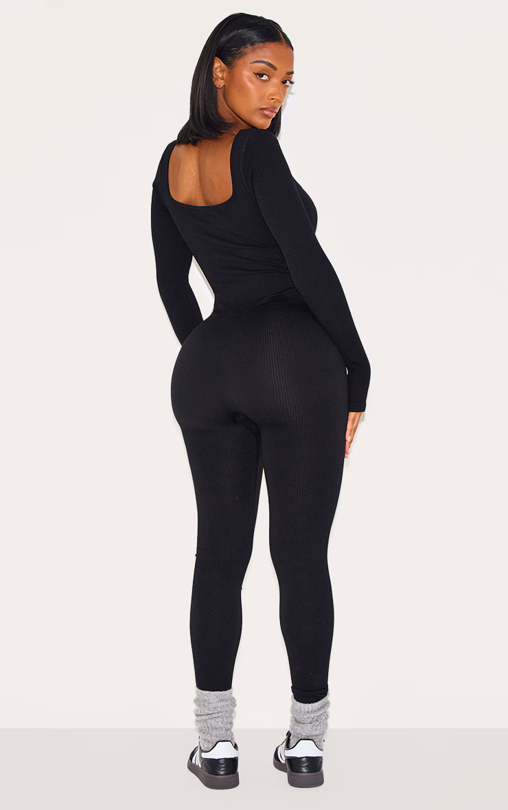 Shape Black Snatched Rib Square Neck Thumb Hole Jumpsuit