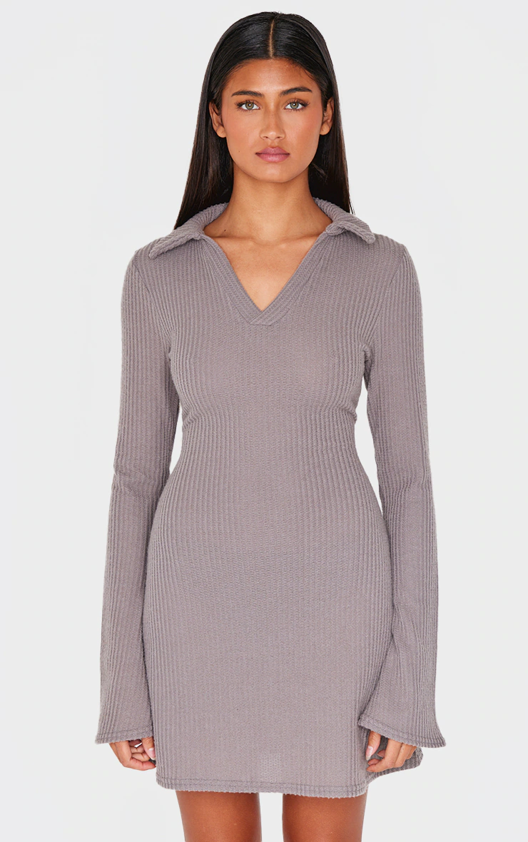 Charcoal Waffle Textured Long Sleeve Shift Dress