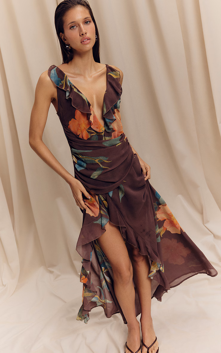 Brown Floral Chiffon Frill Plunge Strappy Maxi Dress