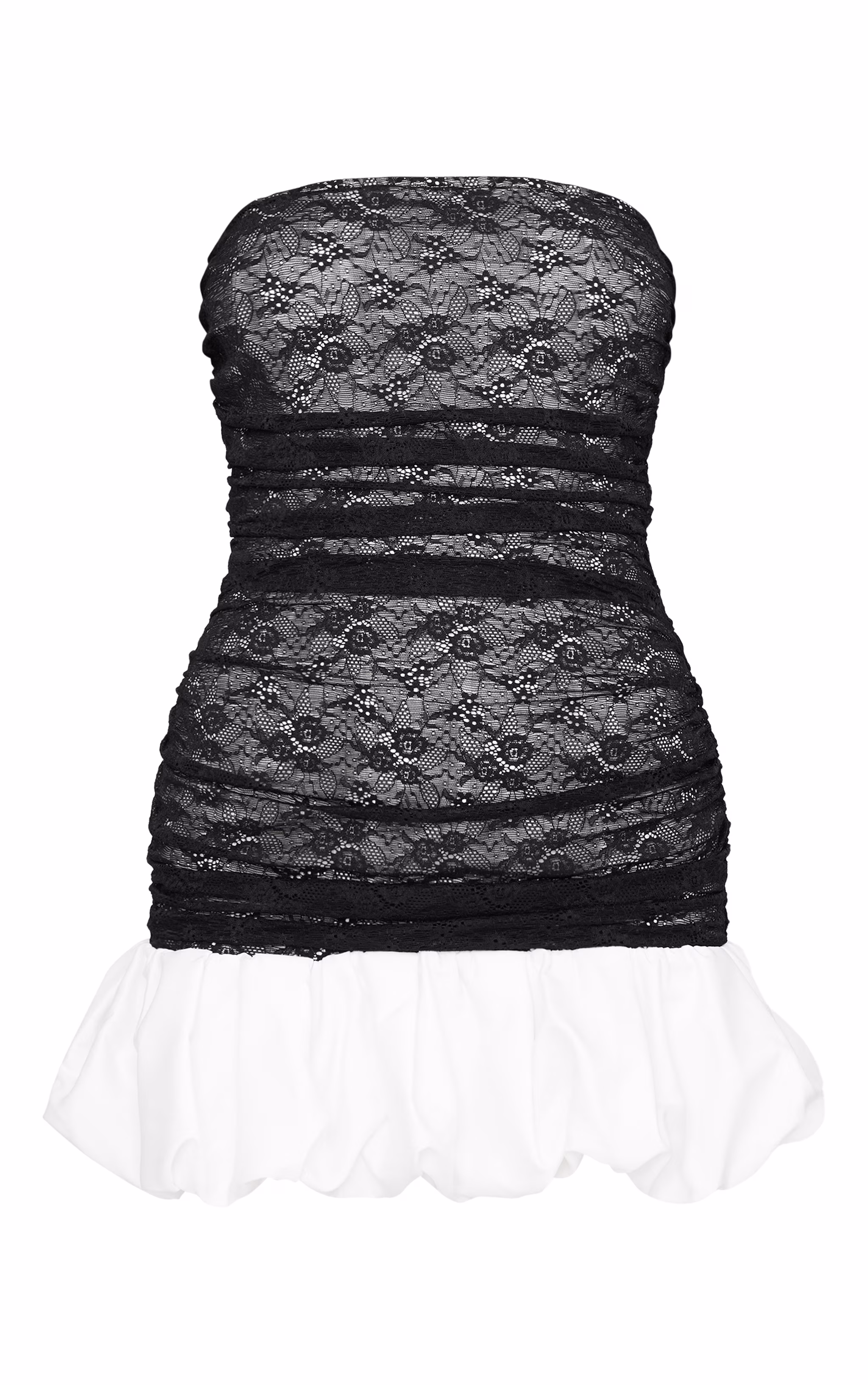 Black Lace Bandeau Puff Hem Mini Dress