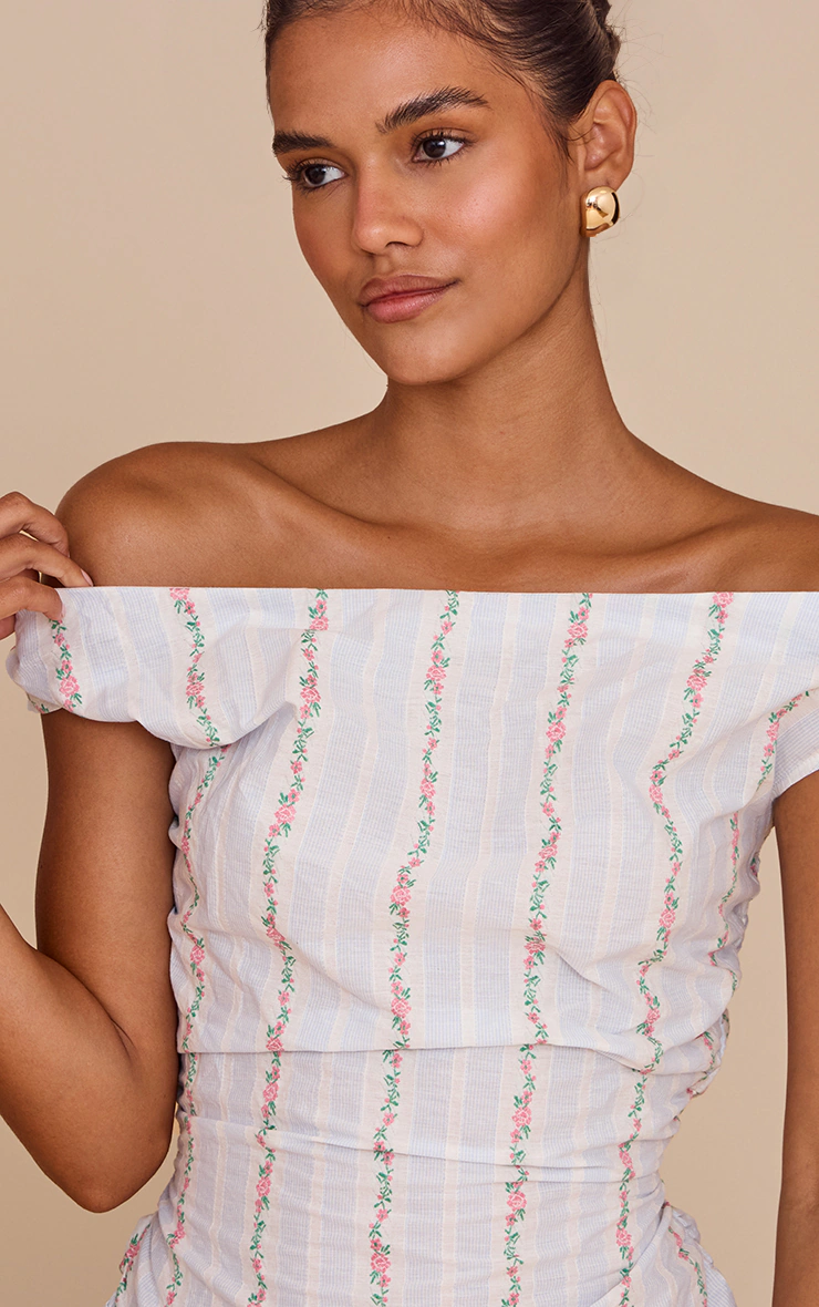 Pastel Blue Stripe Ditsy Print Bardot A-Line Dress