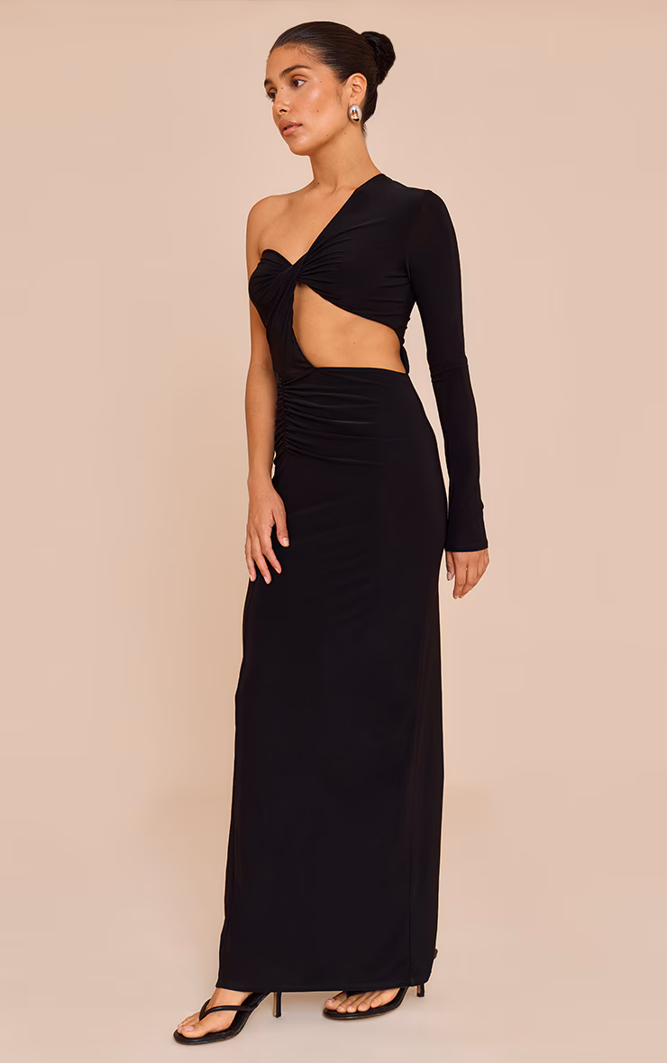Petite Black One Shoulder Cut Out Ruched Maxi Dress