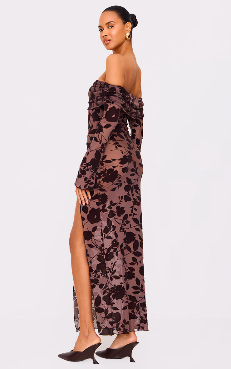 Chocolate Devore Bardot Long Sleeve Maxi Dress