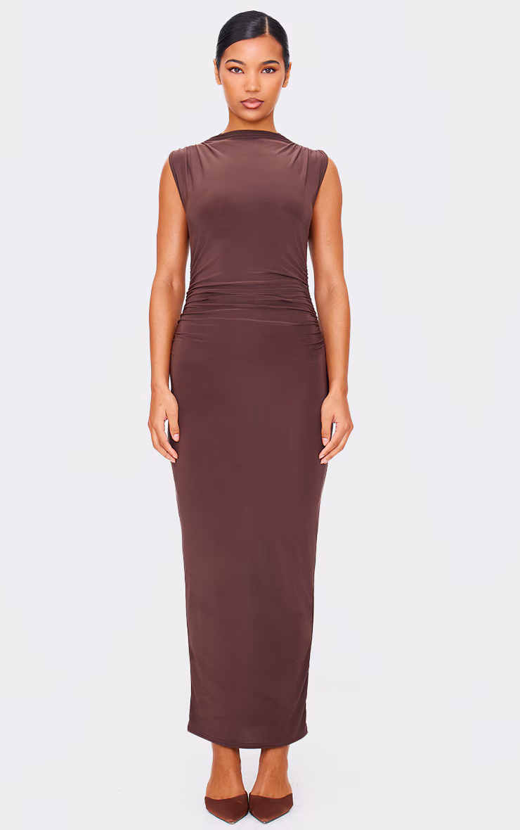 Chocolate Slinky High Neck Ruched Side Midaxi Dress