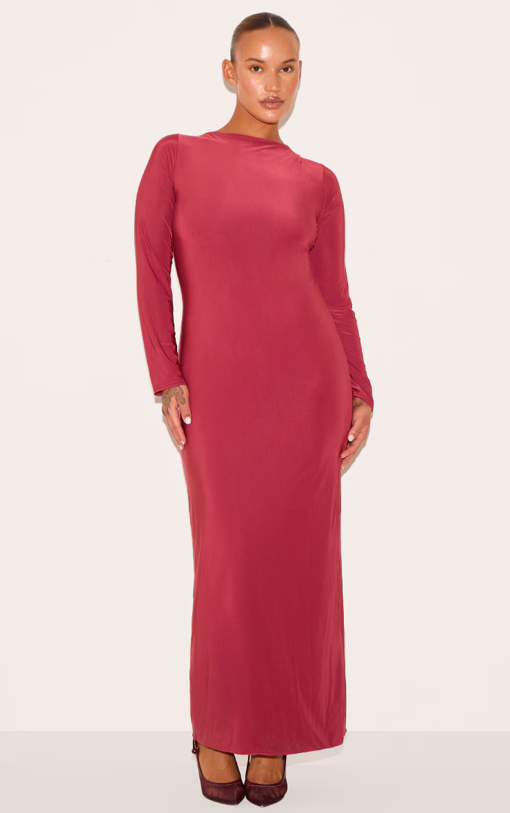 Plus Wine Double Layer Slinky Flared Sleeve Midaxi Dress