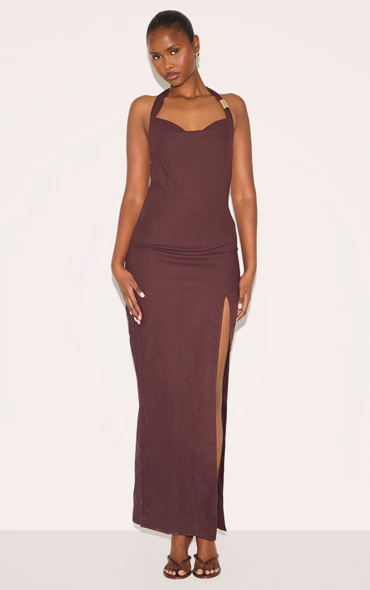 Chocolate Woven Halterneck Maxi Dress