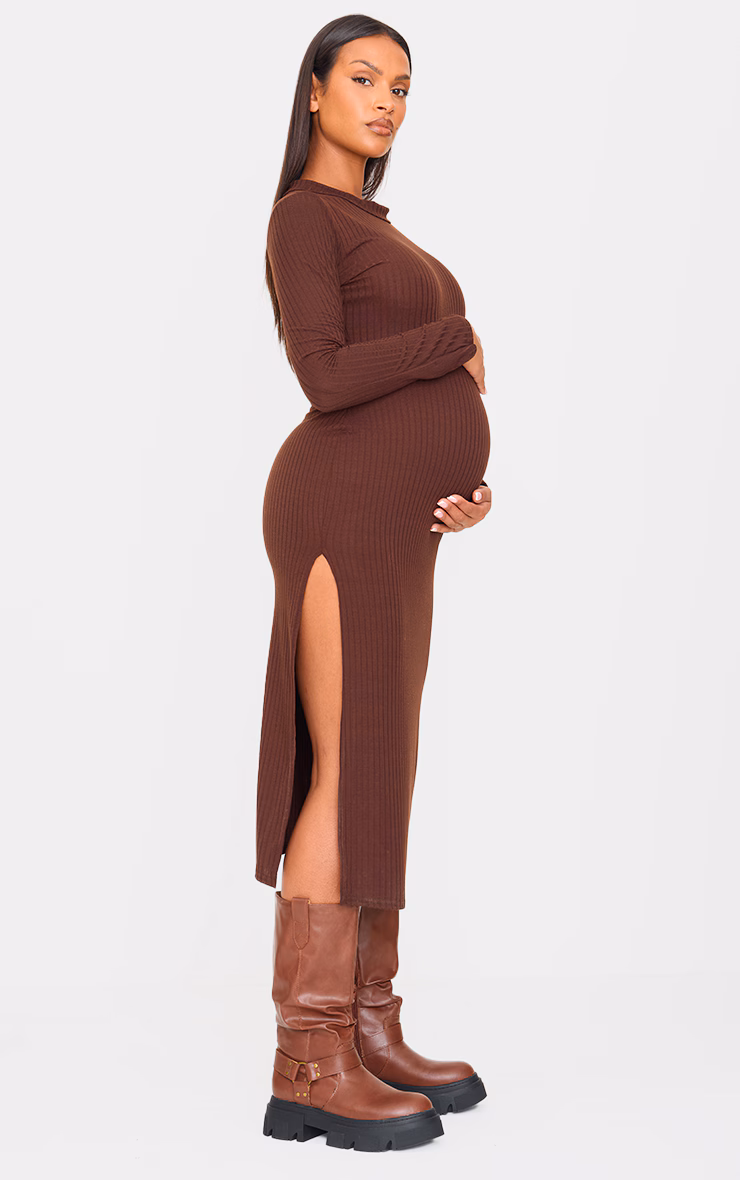Maternity Dark Chocolate Ribbed Long Sleeve Midi Dress