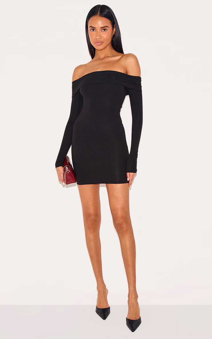 Black Cotton Bardot Fold Over Mini Dress