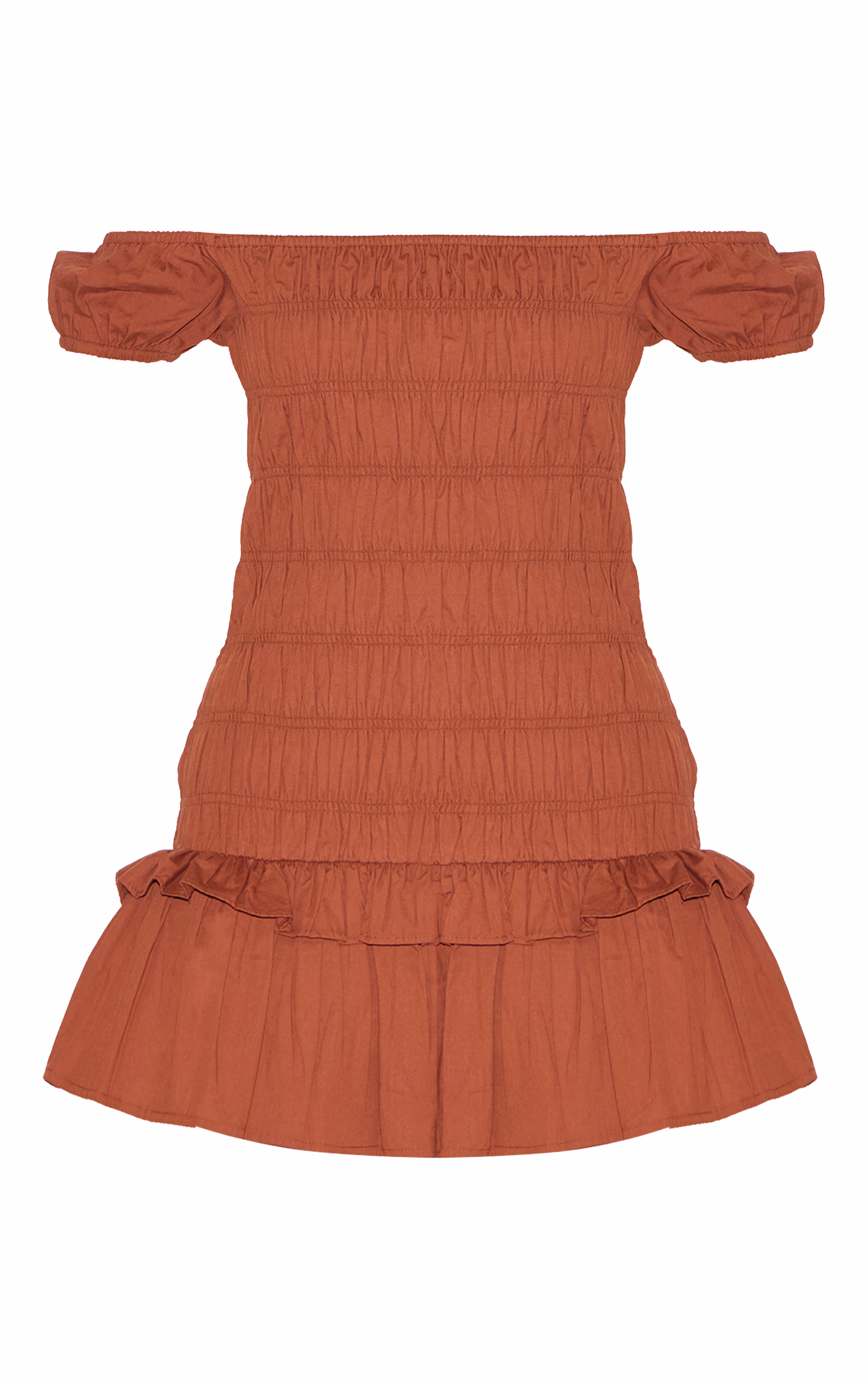 Chocolate Bardot Shirred Detail Shift Dress