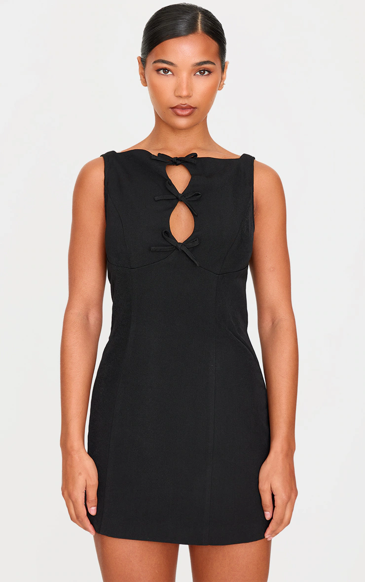 Black Woven High Neck Bow Mini Dress