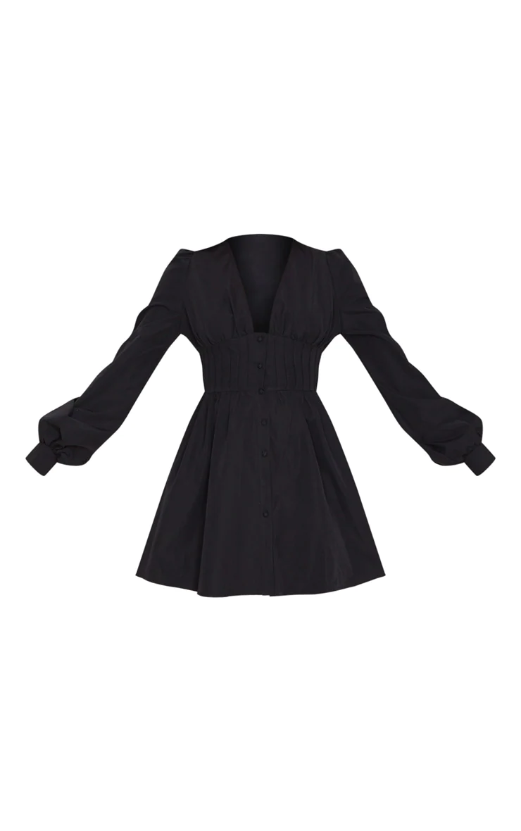 Black Button Front Fitted Puff Sleeve Skater Dress