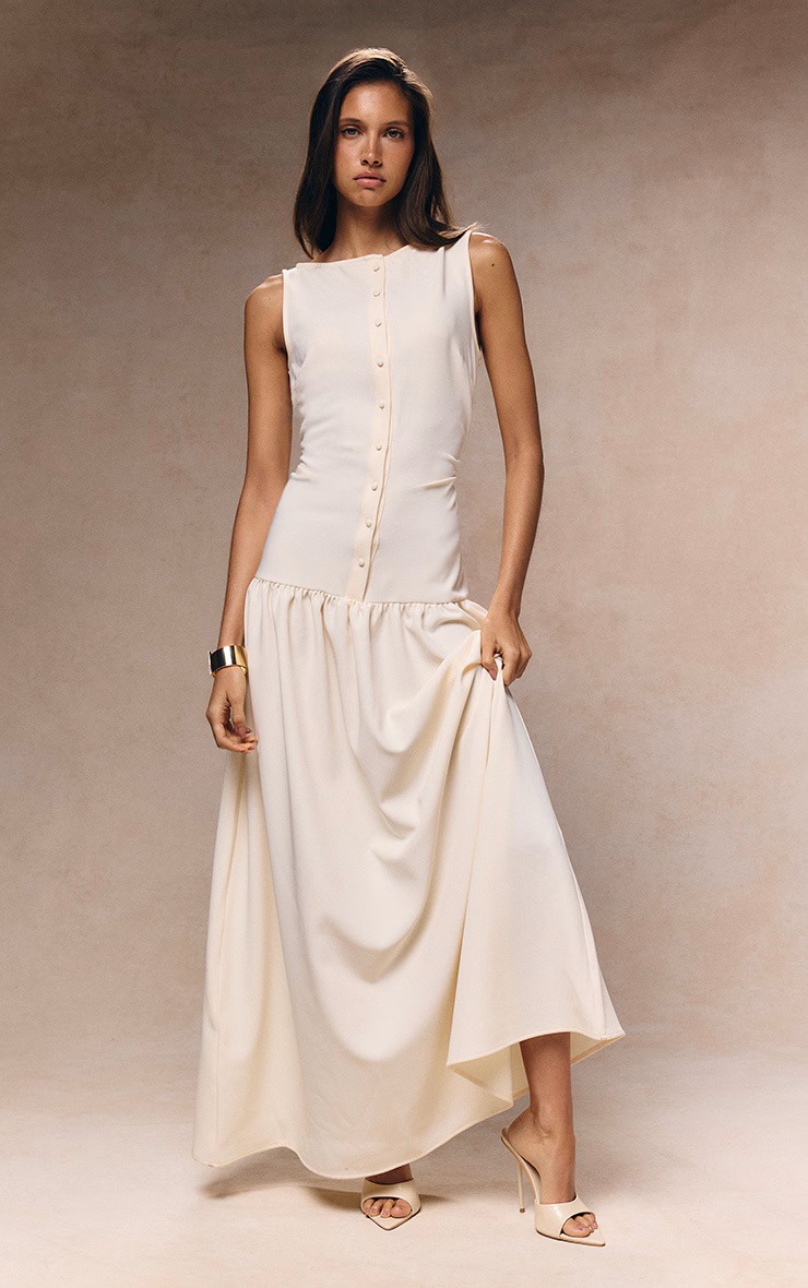 Cream Woven Button Dropped Waist Maxi Dress