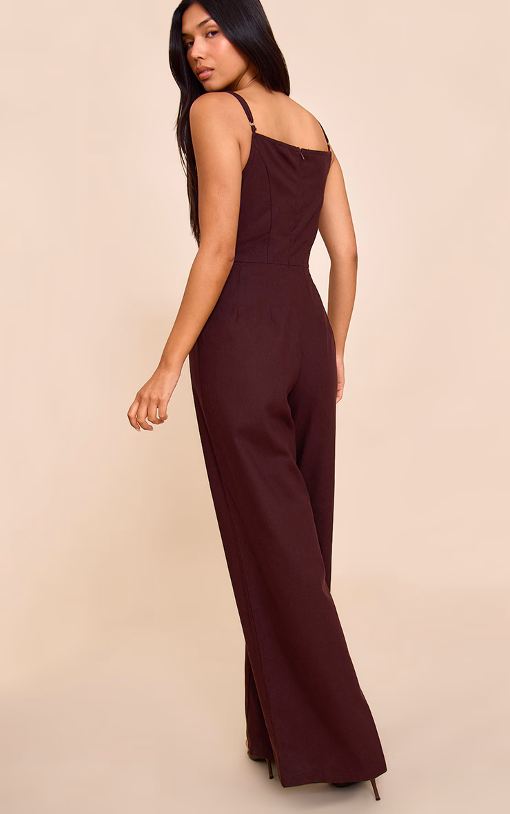 Chocolate Linen Blend Straight Neck Bead Detail Jumpsuit