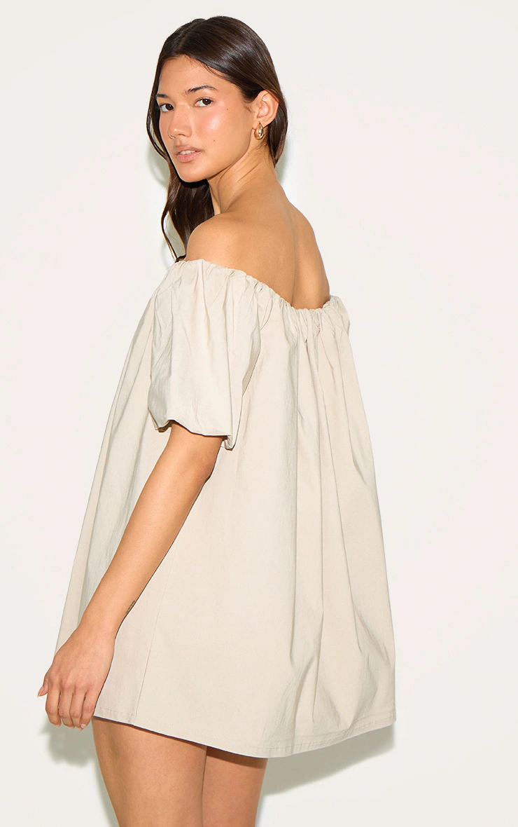 Stone Bardot Puff Sleeve Shift Dress