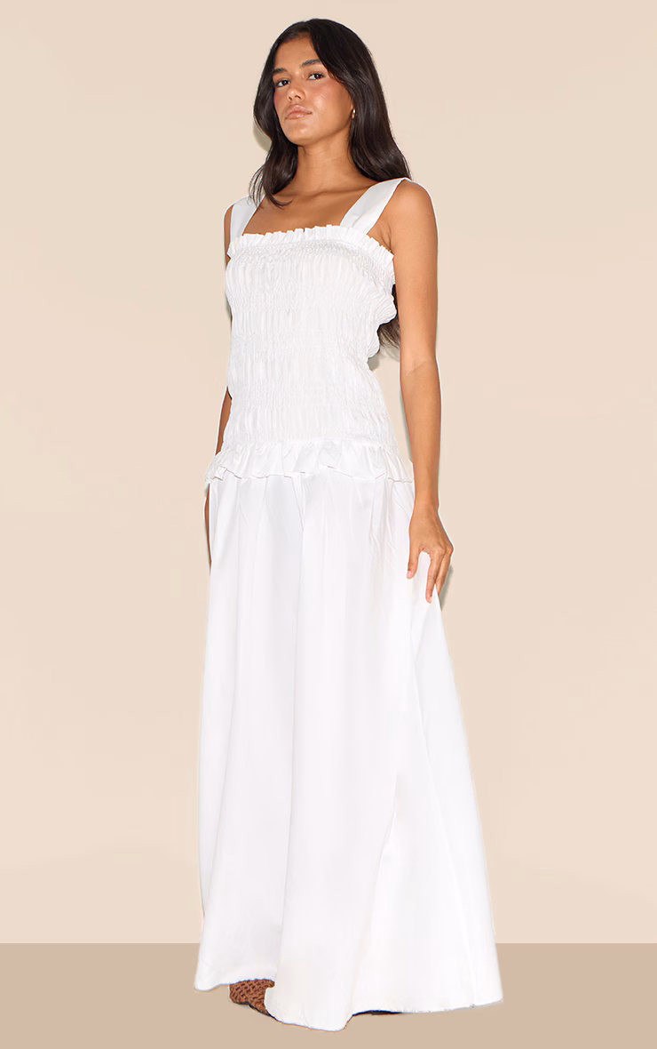 White Shirred Frill Detail Maxi Dress