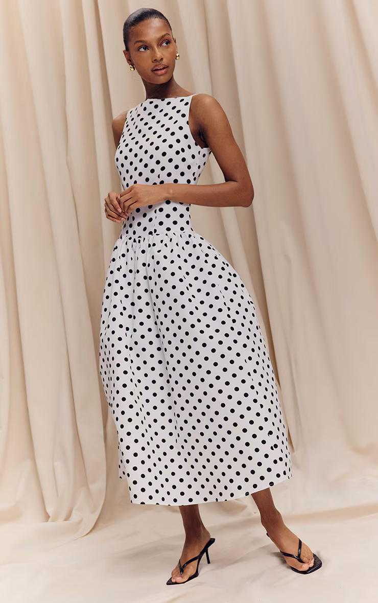 Monochrome Polka Dot Printed Dropped Waist Midaxi Dress