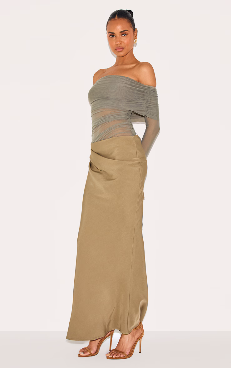Olive Satin Mesh Detail Bardot Maxi Dress