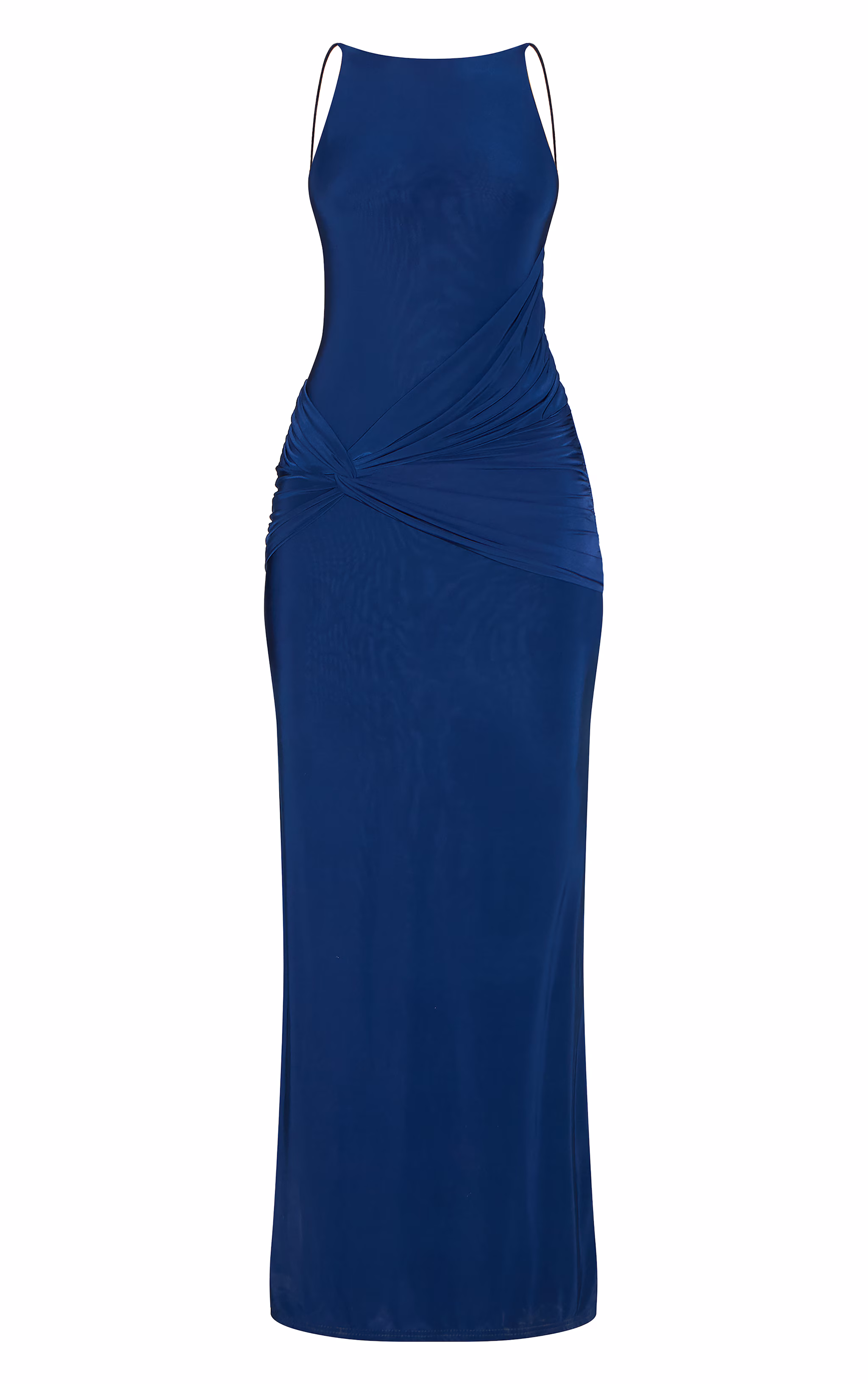 Navy Double Layer Slinky Twited Front Halter Neck Maxi Dress