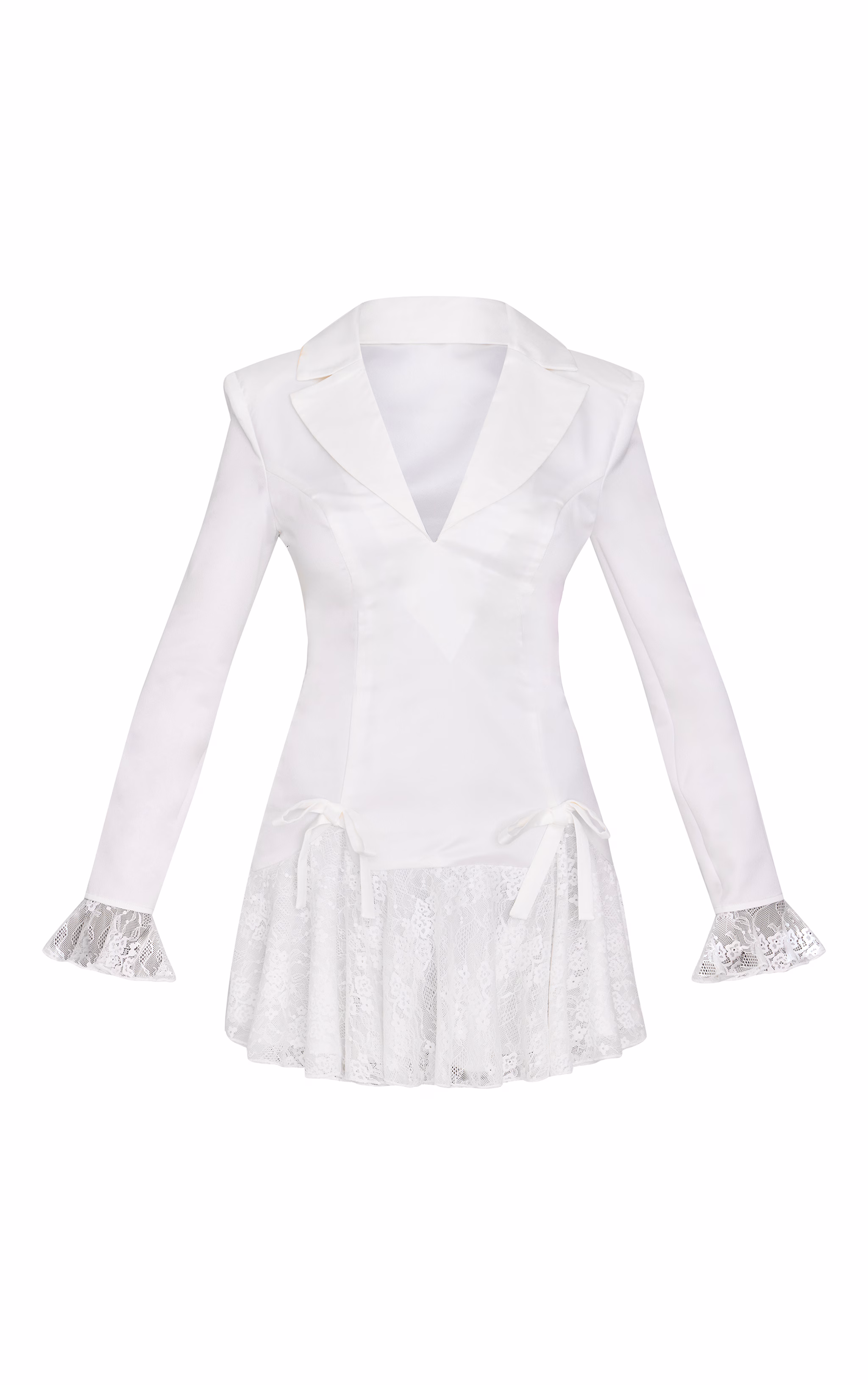 White Satin Lace Trim Bow Blazer Dress