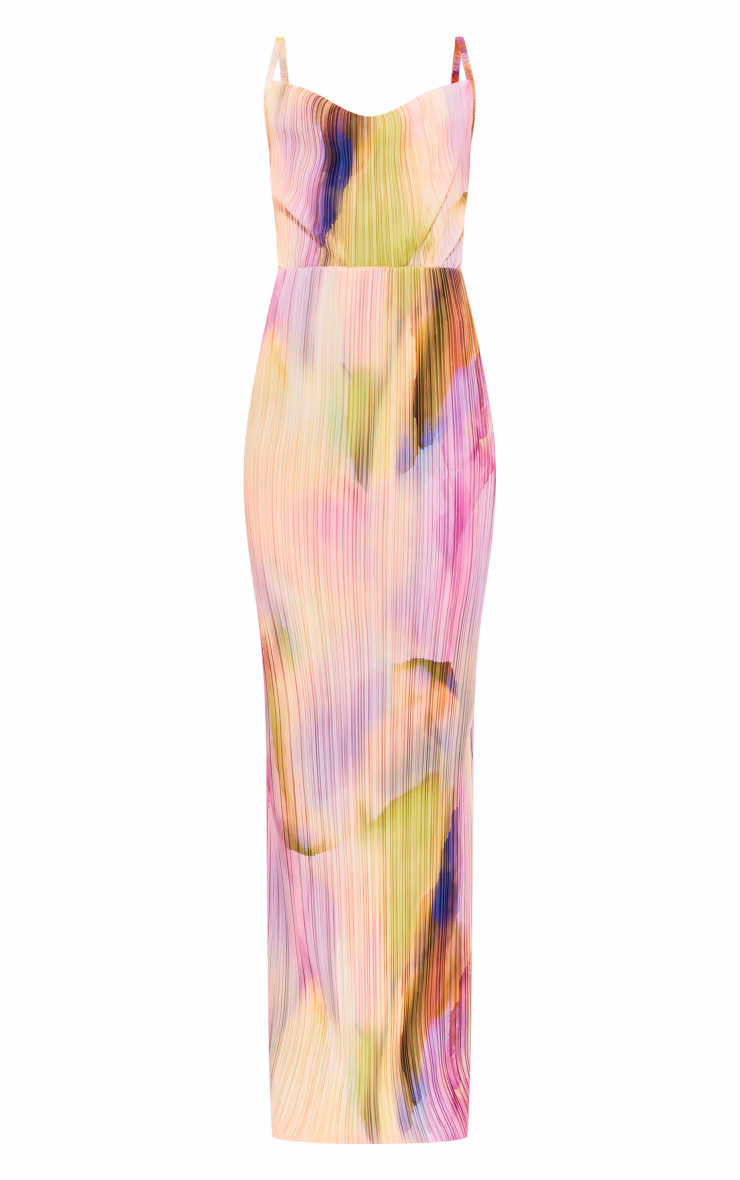 Tall Purple Watercolour Print Plisse Strappy Maxi Dress