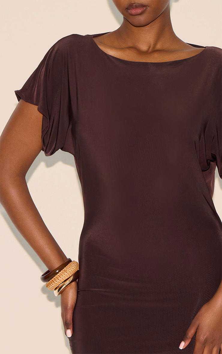 Chocolate Double Layered Slinky Ruched Short Sleeve Mini Dress