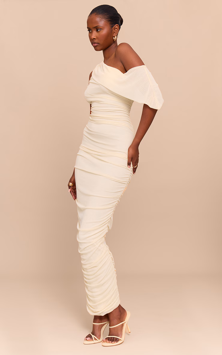 Almond Mesh Overlay One Shoulder Ruched Maxi Dress