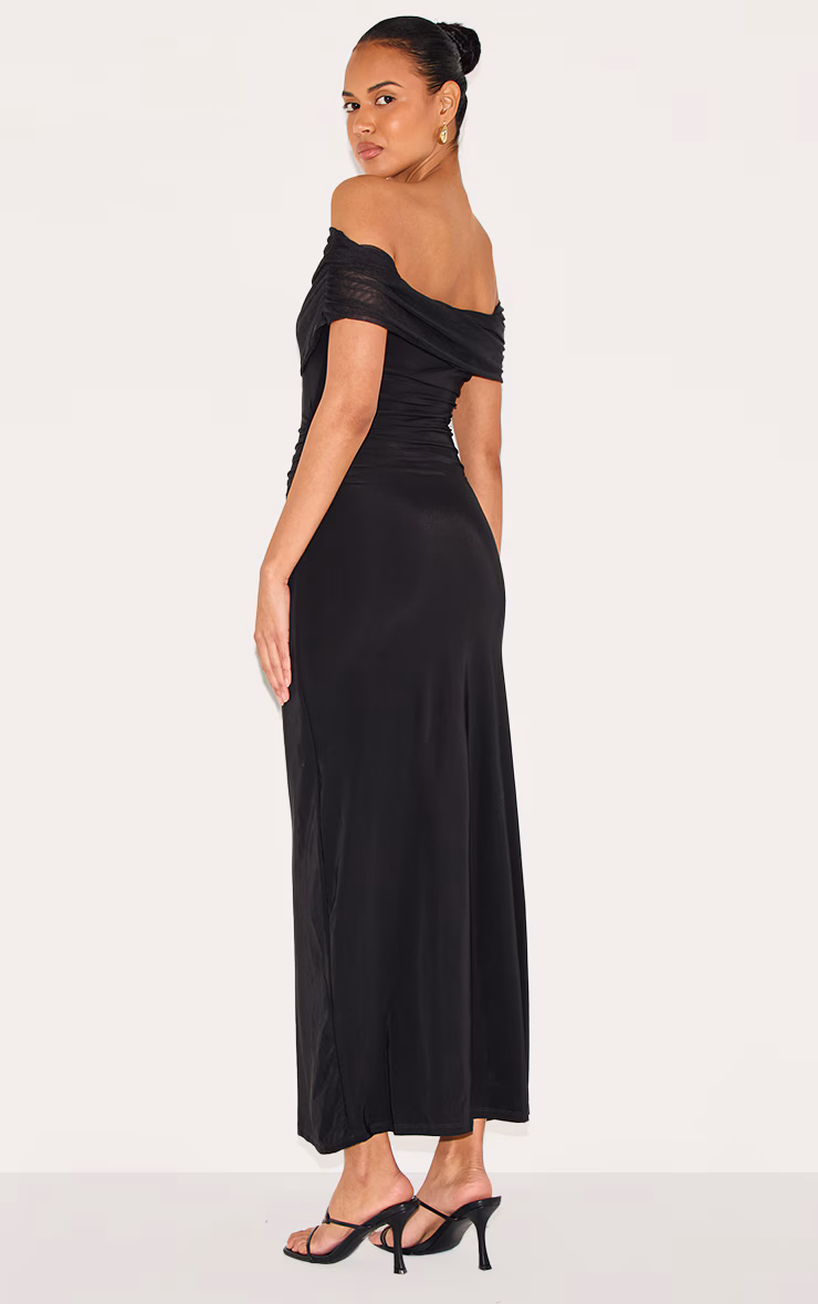 Black Double Layer Slinky Mesh Overlay Maxi Dress