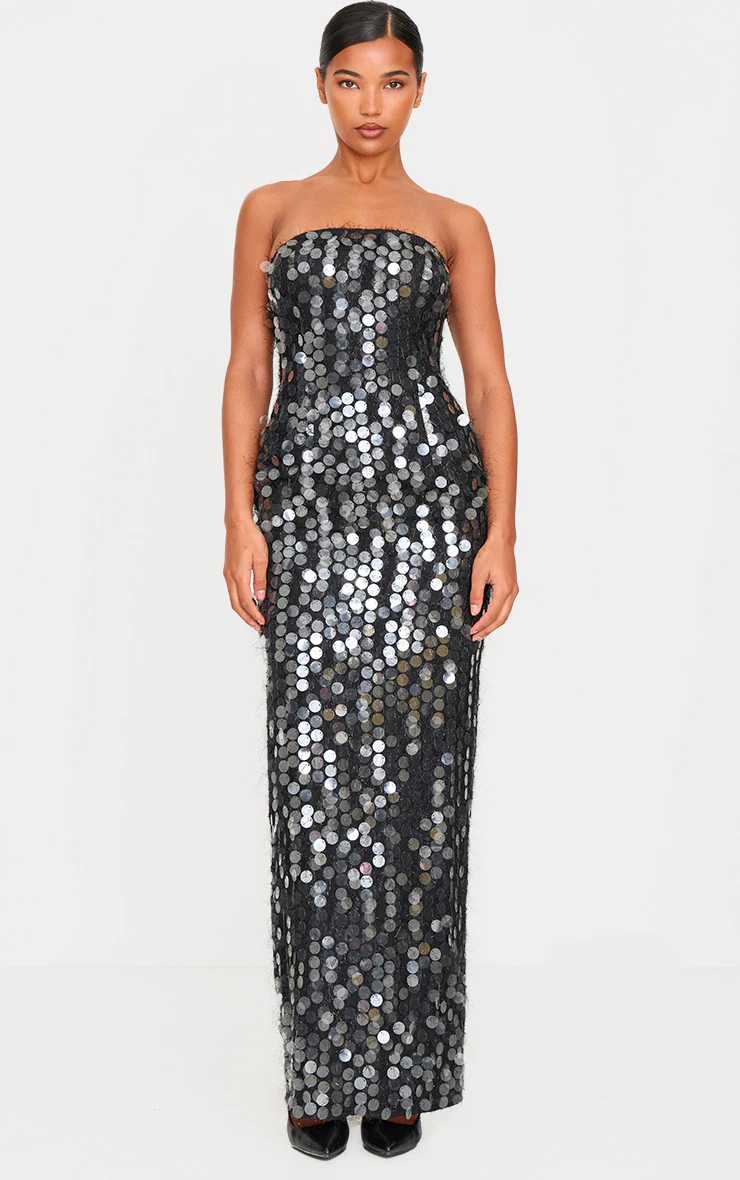 Black Textured Disk Sequin Maxi Dress