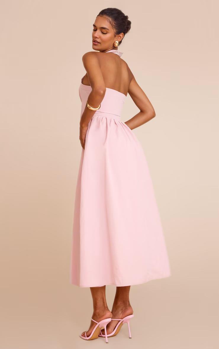 Dusty Pink Woven Button Collar Midaxi Dress