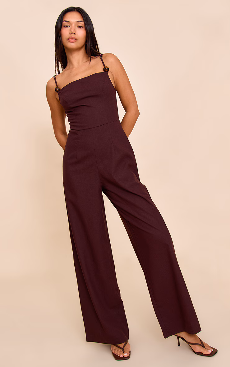 Chocolate Linen Blend Straight Neck Bead Detail Jumpsuit