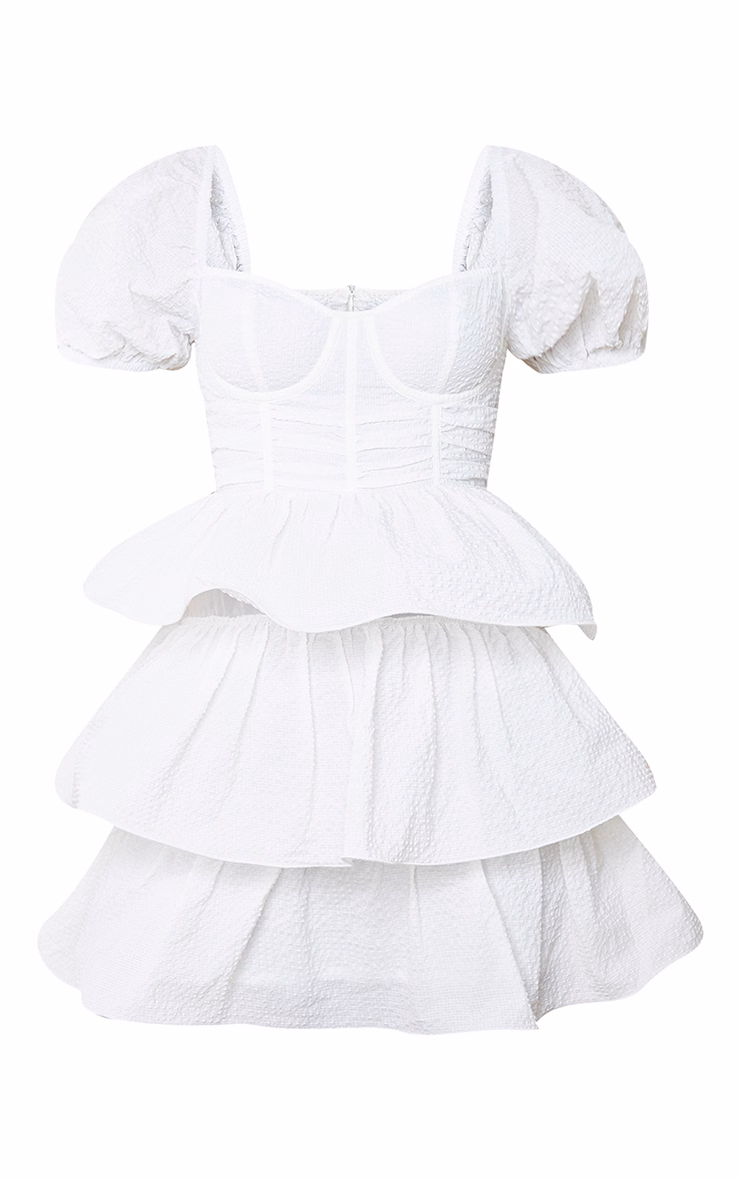 White Crinkle Cup Detail Tiered Skirt Skater Dress