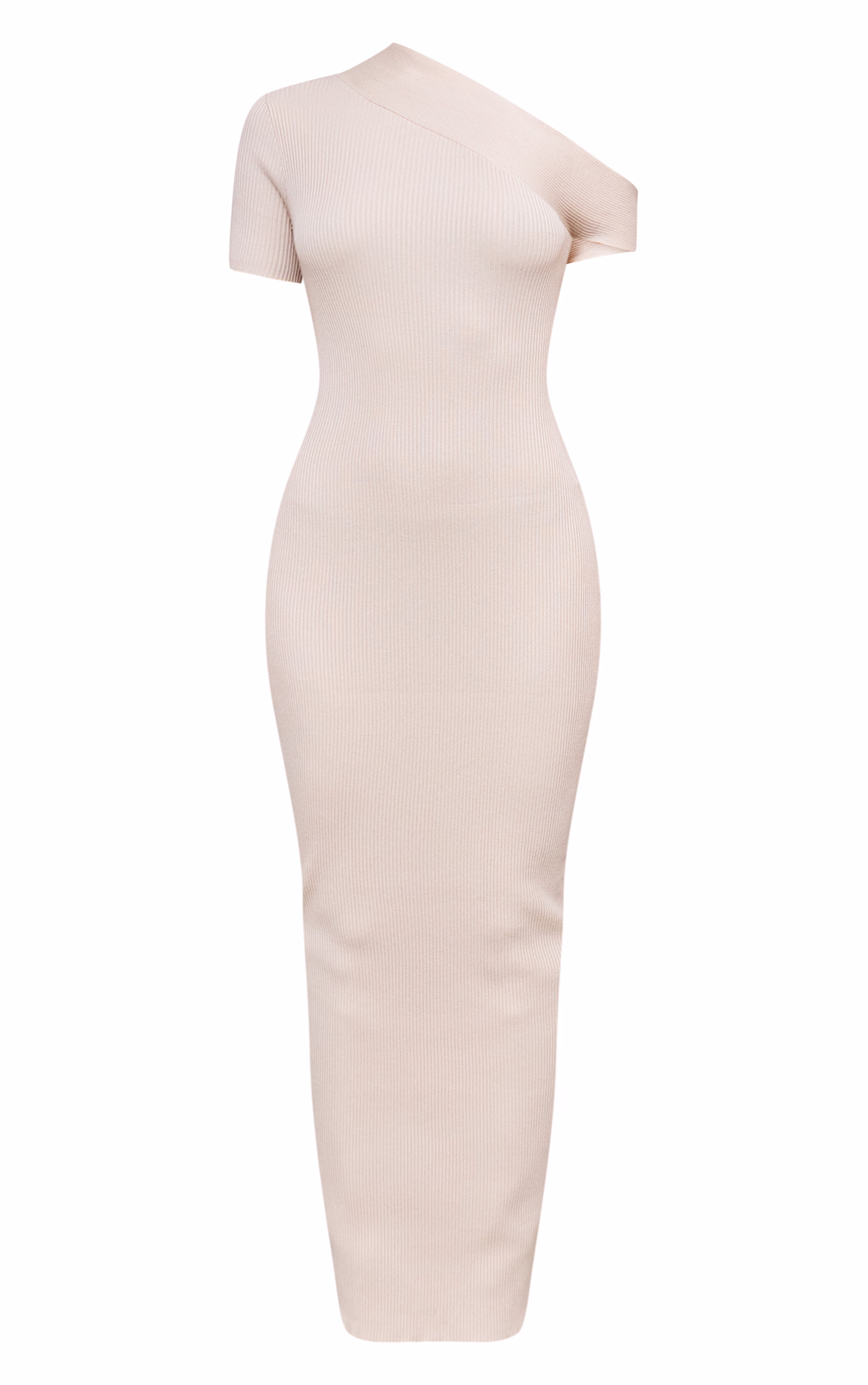 Oatmeal Rib Knit Asymmetric Neck Ruched Side Maxi Dress