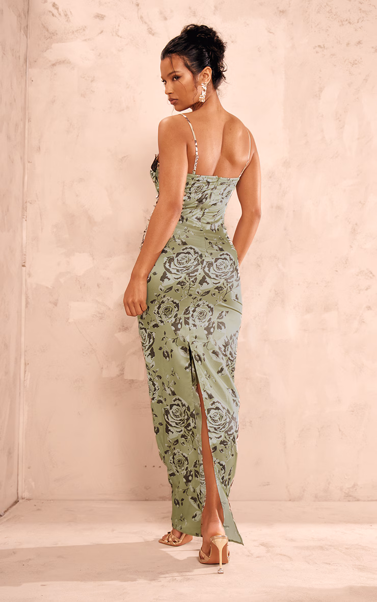 Green Satin Print Lace Trim Maxi Dress