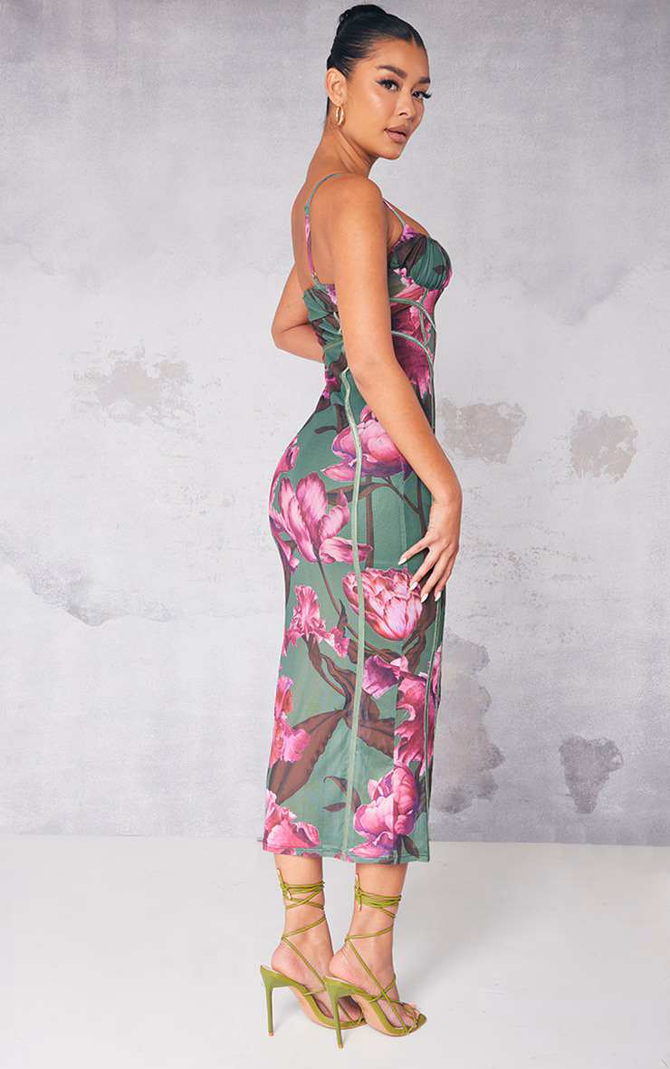 Green Floral Print Mesh Binding Detail Midaxi Dress