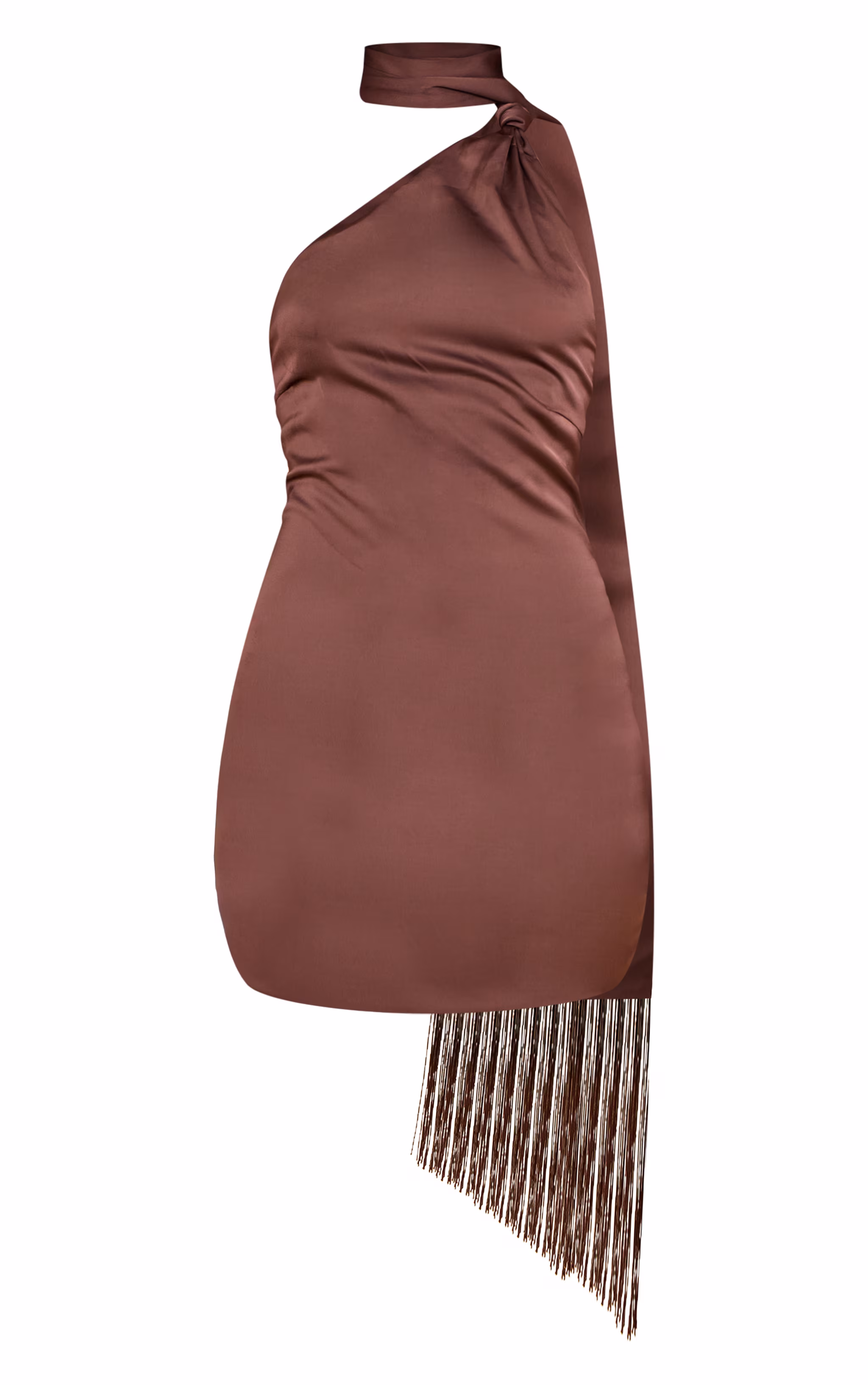 Chocolate Satin Wrap Fringe Detail Mini Dress