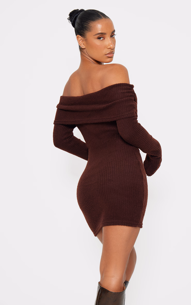 Chocolate Brushed Rib Bardot Long Sleeve Bodycon Dress