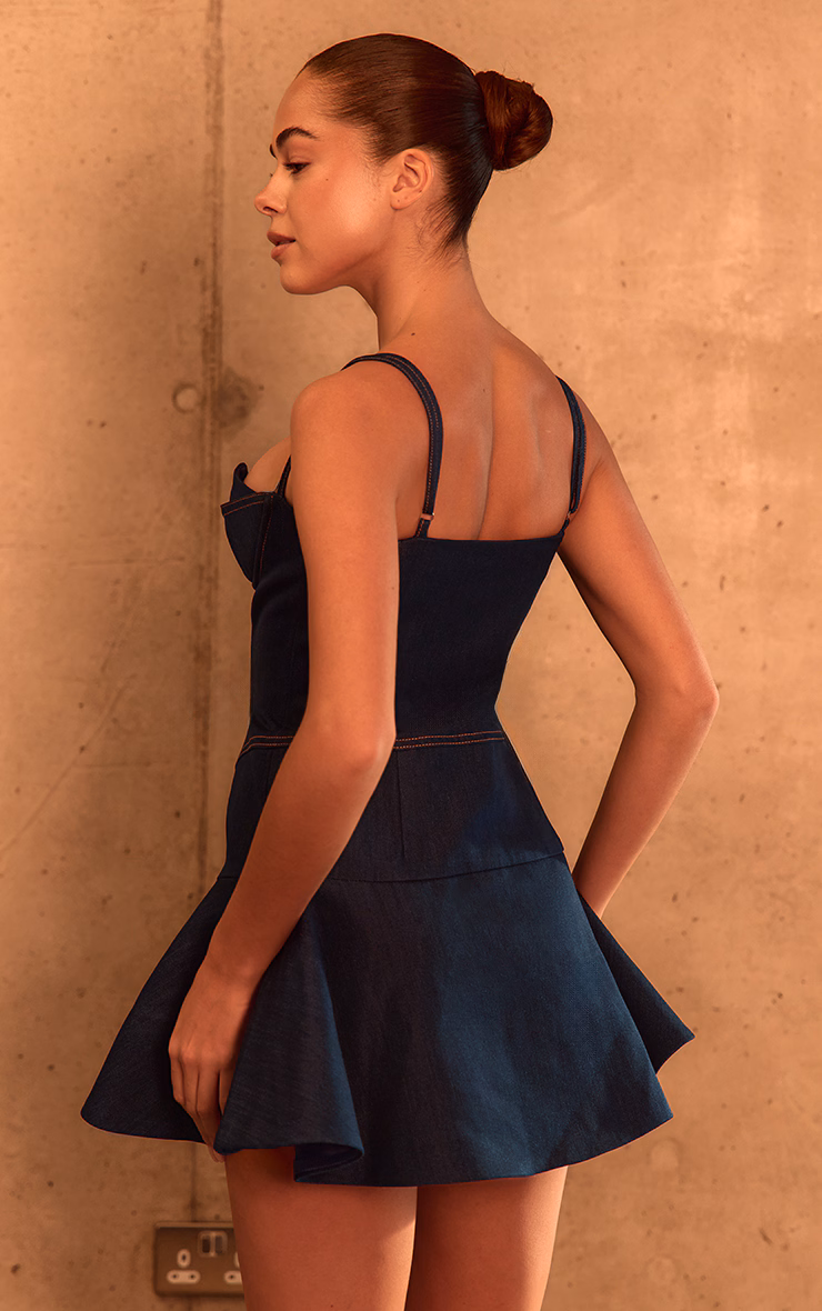 PLT Label Denim Blue Tailored Bust Detail Pleated Hem Bodycon Dress