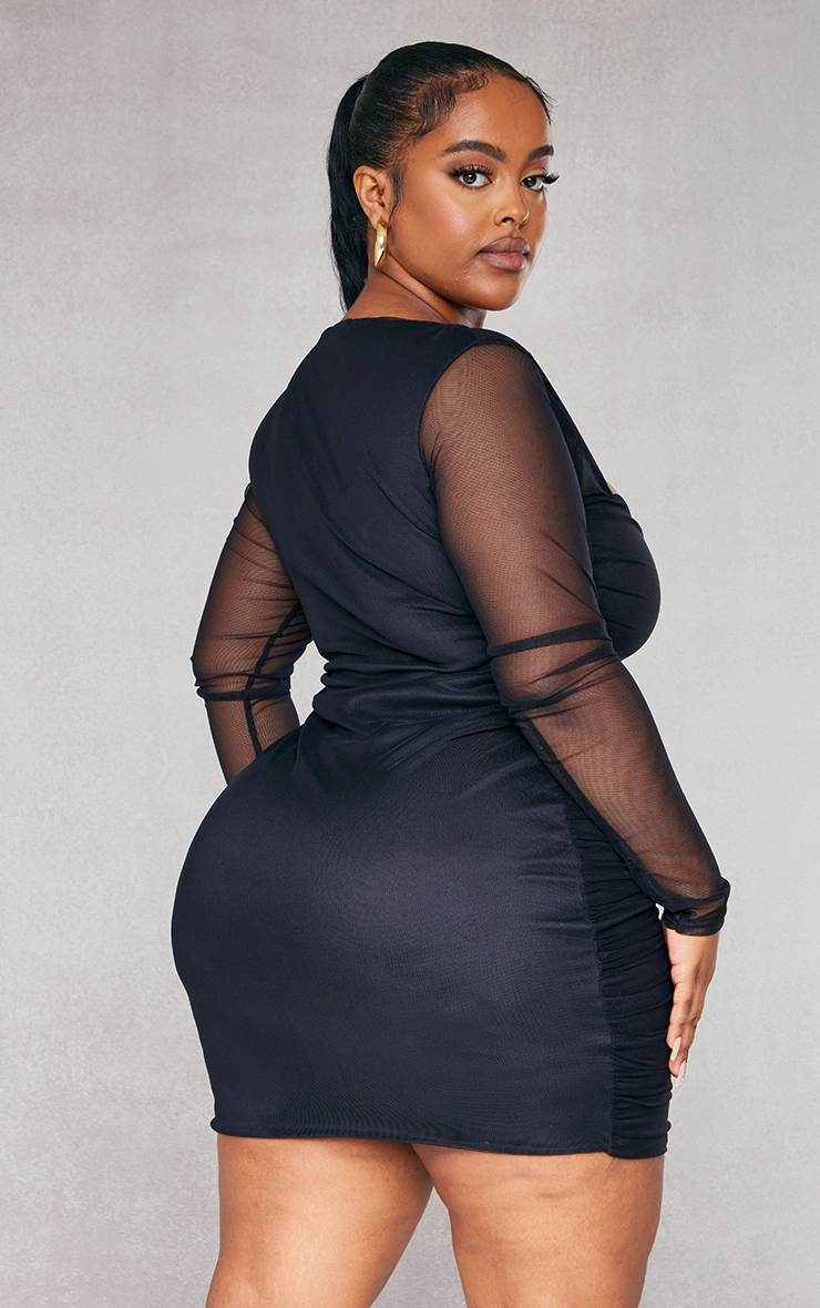 Plus Black Mesh Square Neck Ruched Bodycon Dress