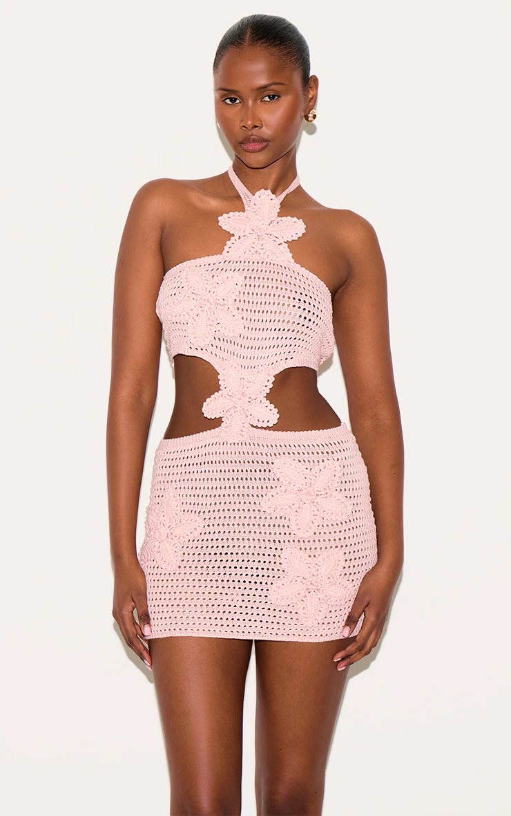 Dusty Pink Crochet Applique Flower Cut Out Mini Dress