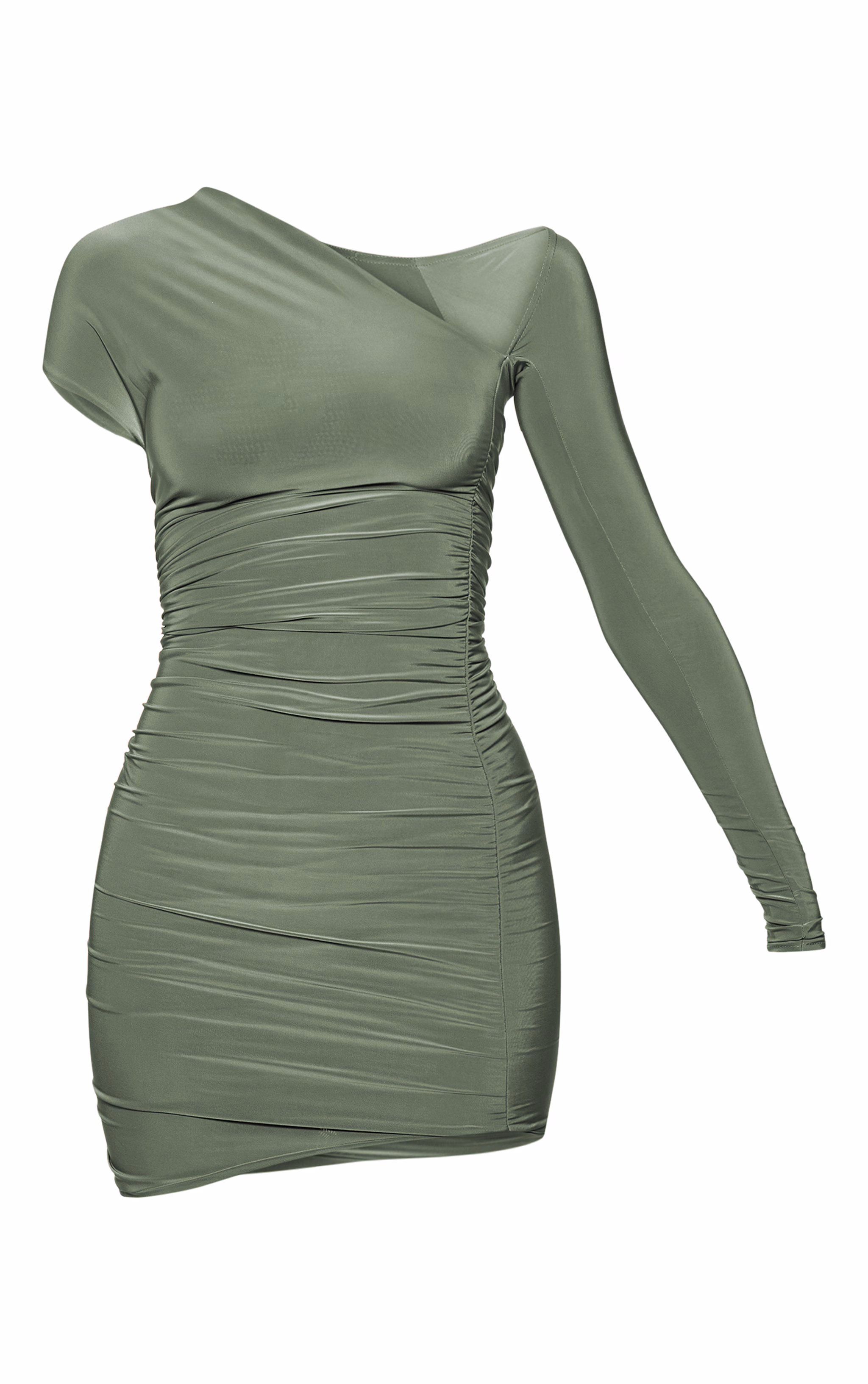 Khaki Double Layer Slinky Ruched Asymmetrical Bodycon Dress